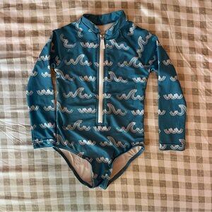 Long-Sleeve Teal Wave Print Kids One-Piece Swimsuit - Brand Unspecified